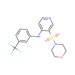 O=S(=O)(c1cnccc1Nc1cccc(C(F)(F)F)c1)N1CCOCC1 ZINC000000987791