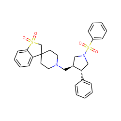 O=S1(=O)CC2(CCN(C[C@H]3CN(S(=O)(=O)c4ccccc4)C[C@@H]3c3ccccc3)CC2)c2ccccc21 ZINC000029222158