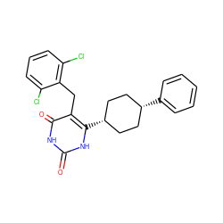 O=c1[nH]c(=O)c(Cc2c(Cl)cccc2Cl)c([C@H]2CC[C@@H](c3ccccc3)CC2)[nH]1 ZINC000261129685