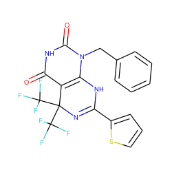 O=c1[nH]c(=O)n(Cc2ccccc2)c2c1C(C(F)(F)F)(C(F)(F)F)N=C(c1cccs1)N2 ZINC000008868024