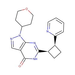 O=c1[nH]c([C@@H]2CC[C@@H]2c2ccccn2)nc2c1cnn2C1CCOCC1 ZINC000145051349