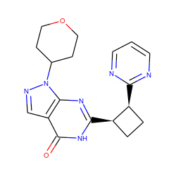 O=c1[nH]c([C@@H]2CC[C@@H]2c2ncccn2)nc2c1cnn2C1CCOCC1 ZINC000145052860