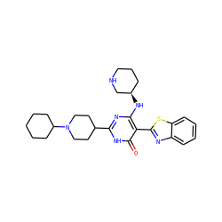 O=c1[nH]c(C2CCN(C3CCCCC3)CC2)nc(N[C@@H]2CCCNC2)c1-c1nc2ccccc2s1 ZINC001772626361