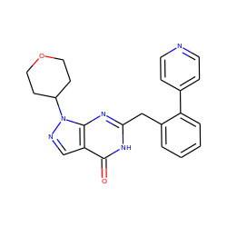 O=c1[nH]c(Cc2ccccc2-c2ccncc2)nc2c1cnn2C1CCOCC1 ZINC000169699871