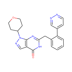 O=c1[nH]c(Cc2ccccc2-c2ccnnc2)nc2c1cnn2C1CCOCC1 ZINC000169699890