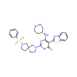 O=c1[nH]c(N2CC[C@@]3(CCN(S(=O)(=O)c4ccccc4)C3)C2)nc(N[C@@H]2CCCNC2)c1-c1nc2ccccc2s1 ZINC001772621442