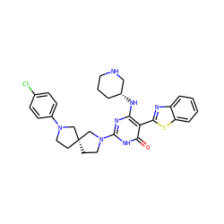 O=c1[nH]c(N2CC[C@@]3(CCN(c4ccc(Cl)cc4)C3)C2)nc(N[C@@H]2CCCNC2)c1-c1nc2ccccc2s1 ZINC001772643100