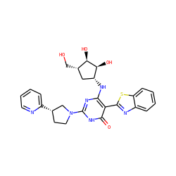 O=c1[nH]c(N2CC[C@H](c3ccccn3)C2)nc(N[C@@H]2C[C@H](CO)[C@@H](O)[C@H]2O)c1-c1nc2ccccc2s1 ZINC001772627917