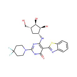 O=c1[nH]c(N2CCC(F)(F)CC2)nc(N[C@@H]2C[C@H](CO)[C@@H](O)[C@H]2O)c1-c1nc2ccccc2s1 ZINC000473112939