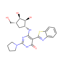 O=c1[nH]c(N2CCCC2)nc(N[C@@H]2C[C@H](CO)[C@@H](O)[C@H]2O)c1-c1nc2ccccc2s1 ZINC000473115520