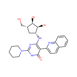 O=c1[nH]c(N2CCCCC2)nc(N[C@@H]2C[C@H](CO)[C@@H](O)[C@H]2O)c1-c1ccc2ccccc2n1 ZINC000205762752