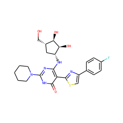 O=c1[nH]c(N2CCCCC2)nc(N[C@@H]2C[C@H](CO)[C@@H](O)[C@H]2O)c1-c1nc(-c2ccc(F)cc2)cs1 ZINC001772589561