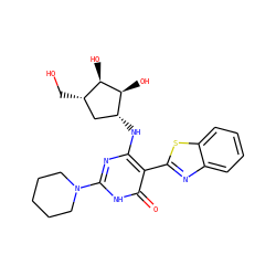 O=c1[nH]c(N2CCCCC2)nc(N[C@@H]2C[C@H](CO)[C@@H](O)[C@H]2O)c1-c1nc2ccccc2s1 ZINC000473114715