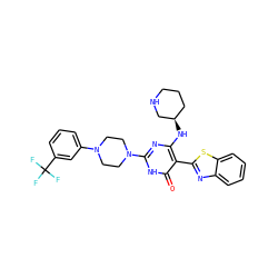 O=c1[nH]c(N2CCN(c3cccc(C(F)(F)F)c3)CC2)nc(N[C@@H]2CCCNC2)c1-c1nc2ccccc2s1 ZINC001772630147