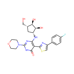 O=c1[nH]c(N2CCOCC2)nc(N[C@@H]2C[C@H](CO)[C@@H](O)[C@H]2O)c1-c1nc(-c2ccc(F)cc2)cs1 ZINC001772649337