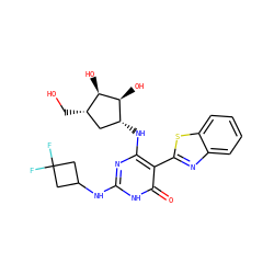 O=c1[nH]c(NC2CC(F)(F)C2)nc(N[C@@H]2C[C@H](CO)[C@@H](O)[C@H]2O)c1-c1nc2ccccc2s1 ZINC001772614458