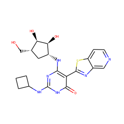 O=c1[nH]c(NC2CCC2)nc(N[C@@H]2C[C@H](CO)[C@@H](O)[C@H]2O)c1-c1nc2cnccc2s1 ZINC001772630330