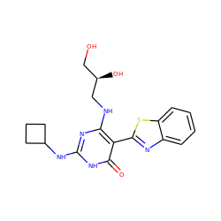 O=c1[nH]c(NC2CCC2)nc(NC[C@H](O)CO)c1-c1nc2ccccc2s1 ZINC001772655929