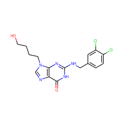 O=c1[nH]c(NCc2ccc(Cl)c(Cl)c2)nc2c1ncn2CCCCO ZINC000028356643