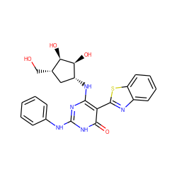 O=c1[nH]c(Nc2ccccc2)nc(N[C@@H]2C[C@H](CO)[C@@H](O)[C@H]2O)c1-c1nc2ccccc2s1 ZINC001772651733