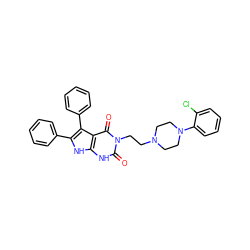 O=c1[nH]c2[nH]c(-c3ccccc3)c(-c3ccccc3)c2c(=O)n1CCN1CCN(c2ccccc2Cl)CC1 ZINC000101433814