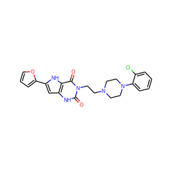 O=c1[nH]c2cc(-c3ccco3)[nH]c2c(=O)n1CCN1CCN(c2ccccc2Cl)CC1 ZINC000072112003