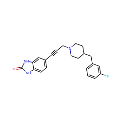 O=c1[nH]c2ccc(C#CCN3CCC(Cc4cccc(F)c4)CC3)cc2[nH]1 ZINC000013813209