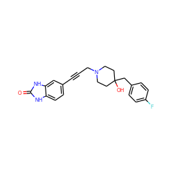 O=c1[nH]c2ccc(C#CCN3CCC(O)(Cc4ccc(F)cc4)CC3)cc2[nH]1 ZINC000013813215