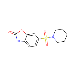 O=c1[nH]c2ccc(S(=O)(=O)N3CCCCC3)cc2o1 ZINC000008677575