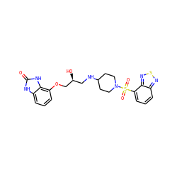 O=c1[nH]c2cccc(OC[C@@H](O)CNC3CCN(S(=O)(=O)c4cccc5nsnc45)CC3)c2[nH]1 ZINC000013534454