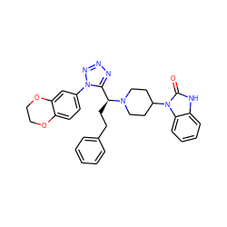 O=c1[nH]c2ccccc2n1C1CCN([C@@H](CCc2ccccc2)c2nnnn2-c2ccc3c(c2)OCCO3)CC1 ZINC000072136092