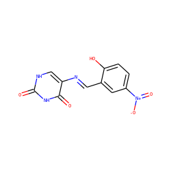 O=c1[nH]cc(/N=C/c2cc([N+](=O)[O-])ccc2O)c(=O)[nH]1 ZINC000002901539