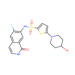 O=c1[nH]ccc2cc(F)c(NS(=O)(=O)c3ccc(N4CCC(O)CC4)s3)cc12 ZINC001772609445