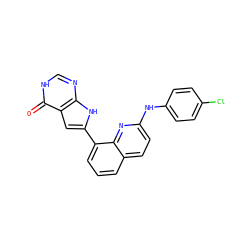 O=c1[nH]cnc2[nH]c(-c3cccc4ccc(Nc5ccc(Cl)cc5)nc34)cc12 ZINC001772593874