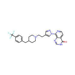 O=c1[nH]cnc2c(-n3cc(CCN4CCC(Cc5ccc(C(F)(F)F)cc5)CC4)cn3)nccc12 ZINC000653742691