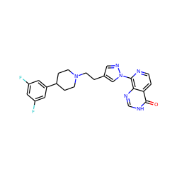 O=c1[nH]cnc2c(-n3cc(CCN4CCC(c5cc(F)cc(F)c5)CC4)cn3)nccc12 ZINC000653730413