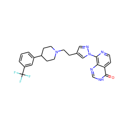 O=c1[nH]cnc2c(-n3cc(CCN4CCC(c5cccc(C(F)(F)F)c5)CC4)cn3)nccc12 ZINC000653730611