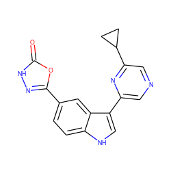 O=c1[nH]nc(-c2ccc3[nH]cc(-c4cncc(C5CC5)n4)c3c2)o1 ZINC000145397833