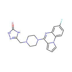 O=c1[nH]nc(CN2CCN(c3nc4cc(F)ccc4n4cccc34)CC2)[nH]1 ZINC000040881367