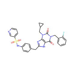 O=c1c2[nH]c(Cc3ccc(NS(=O)(=O)c4cccnc4)cc3)nc2n(CC2CC2)c(=O)n1Cc1ccccc1F ZINC000028708911