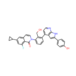 O=c1c2c(F)cc(C3CC3)cc2ccn1-c1cccc(-c2ccnc3[nH]c(-c4ccc(O)cc4)cc23)c1CO ZINC001772601638