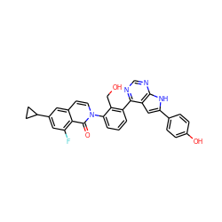 O=c1c2c(F)cc(C3CC3)cc2ccn1-c1cccc(-c2ncnc3[nH]c(-c4ccc(O)cc4)cc23)c1CO ZINC000299862855