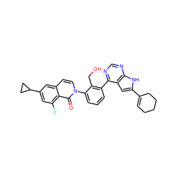 O=c1c2c(F)cc(C3CC3)cc2ccn1-c1cccc(-c2ncnc3[nH]c(C4=CCCCC4)cc23)c1CO ZINC000299871926