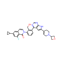 O=c1c2c(F)cc(C3CC3)cc2ccn1-c1cccc(-c2ncnc3[nH]c(C4=CCN(C5COC5)CC4)cc23)c1CO ZINC000299860035