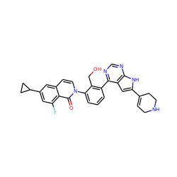 O=c1c2c(F)cc(C3CC3)cc2ccn1-c1cccc(-c2ncnc3[nH]c(C4=CCNCC4)cc23)c1CO ZINC000299868586