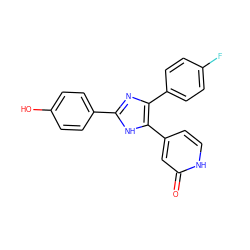 O=c1cc(-c2[nH]c(-c3ccc(O)cc3)nc2-c2ccc(F)cc2)cc[nH]1 ZINC000299833936