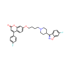 O=c1cc(-c2ccc(F)cc2)c2ccc(OCCCCN3CCC(c4noc5cc(F)ccc45)CC3)cc2o1 ZINC000096929476