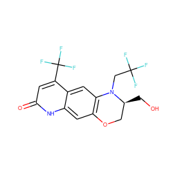 O=c1cc(C(F)(F)F)c2cc3c(cc2[nH]1)OC[C@H](CO)N3CC(F)(F)F ZINC000029044744