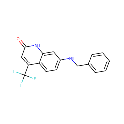 O=c1cc(C(F)(F)F)c2ccc(NCc3ccccc3)cc2[nH]1 ZINC000014968321