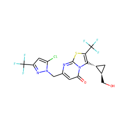 O=c1cc(Cn2nc(C(F)(F)F)cc2Cl)nc2sc(C(F)(F)F)c([C@@H]3C[C@H]3CO)n12 ZINC000653842844